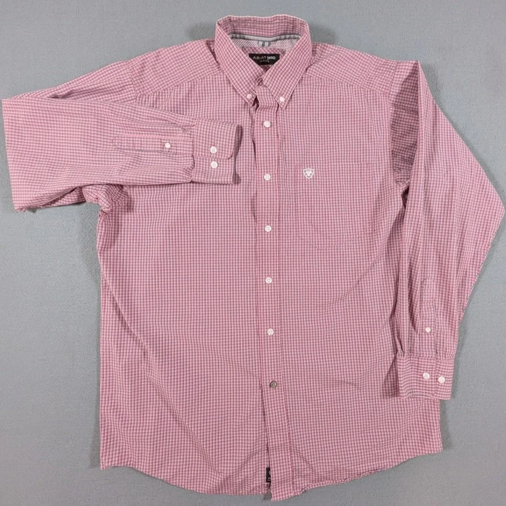 Ariat Pro Series Button Down Shirt Mens Medium Pink Grey Plaid Long Sleeve